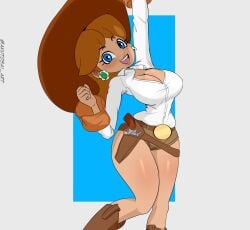 1girls akutosai_art alternate_version_available belt belt_buckle big_breasts blue_eyes breasts brown_hair brown_shorts cleavage clothing cowboy_hat cowgirl dark_skin ear_piercing earrings female female_only firearm footwear hair handgun hat headwear huge_breasts human lips long_hair mario_(series) nintendo open_mouth princess_daisy revolver shorts solo solo_female weapon white_shirt