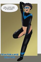 afro clothed clothed_exposure cock cosplay costume dark-skinned_male dark_male_only dark_skin dc dc_comics dick_grayson large_penis leaning leaning_back male male_only nightwing penis removing_clothing self_insert smile solo solo_male stripping temperancedraws text text_bubble zak_jones