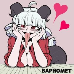 arm_support artist_request baphomet_(grizz) clevage demon_girl fan_character goat_ears goat_eyes goat_horns hands_on_face helltaker horns long_tongue medium_breasts tagme tongue_out unbuttoned_shirt white_hair