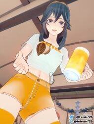 1girls 3d alcohol ass_visible_through_thighs bare_midriff bare_thighs beer beer_mug blue_eyes blue_hair breasts fefreak726 female female_only fire_emblem fire_emblem_awakening from_below glass hair_between_eyes hooters indoors long_hair lucina_(fire_emblem) medium_breasts midriff mug nintendo open_mouth reaching_out reaching_towards_viewer shirt short_sleeves shorts smile solo thighhighs thighs tiara waitress