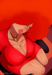 1girls afro akutosai_art big_breasts big_hair big_lips black_choker black_eyes blush breast_focus breasts cartoon_network choker cleavage clothing female female_only hair half-closed_eyes huge_breasts lips lipstick mature mature_female mature_woman necklace neckwear office_lady orange_hair plump_lips powerpuff_girls red_lips red_lipstick sara_bellum solo thick_lips thighs