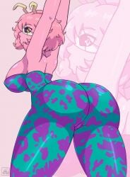 1girls arms_up ass ass_focus big_ass big_breasts black_sclera bodysuit breasts dat_ass domino_mask eyewear female female_only hair hero_outfit_(mha) horns huge_ass huge_breasts looking_back mina_ashido my_hero_academia pink_body pink_hair pink_skin solo solo_female stretching superheroine thick_thighs thighs welthemente yellow_eyes