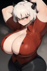 ai_generated annoyed armpits black_pants daidouji_(artist) demon demon_girl exhibitionism female gigantic_breasts helltaker horns looking_at_viewer malina_(helltaker) pants red_shirt short_hair solo undressing white_hair