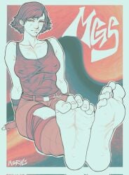 1girls feet meryl_silverburgh metal_gear_solid nipple_bulge nyoolie red_hair short_hair sitting tank_top toe_scrunch toes