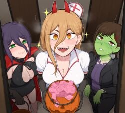 3girls afrobull black_hair blonde_hair chainsaw_man condom condom_packet_strip condom_wrapper female female_only frankenstein_costume gloves green_eyes halloween halloween_costume higashiyama_kobeni nurse nurse_cap nurse_hat nurse_uniform pale-skinned_female power_(chainsaw_man) reze_(chainsaw_man) shounen_jump vampire_costume