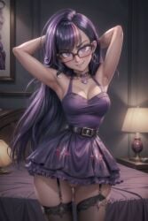 ai_generated anthro armpits arms_behind_head arms_up bedroom bookoflustfan dress equestria_girls friendship_is_magic glasses human humanoid my_little_pony revealing_clothes twilight_sparkle_(mlp) vagina