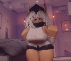 3d big_breasts blackvalk breasts clothed female female_only glasses looking_at_viewer niki_okarin roblox roblox_avatar robloxian scarf shoulderless_shirt skirt smug solo solo_female solo_focus standing thick_thighs thighs valkyrie white_hair