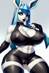 ai_generated anthro big_breasts black_lipstick booty_shorts cameltoe cleavage_cutout eeveelution eyeliner female female_only fingerless_gloves frosting.ai glaceon goth goth_girl leather leather_clothing legwear nipples nipples_visible_through_clothing pokémon_(species) pokemon pussy_visible_through_clothes pussy_visible_through_shorts self_upload thick_thighs weedvee420