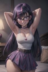 ai_generated anthro armpits arms_behind_head arms_up bedroom bookoflustfan dress equestria_girls friendship_is_magic glasses human humanoid my_little_pony twilight_sparkle_(mlp)