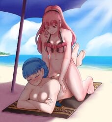 2girls alternate_costume applying_sunscreen arms_folded beach bikini blue_hair bottomless breasts cleavage closed_eyes ear_piercing earrings female female_only fire_emblem fire_emblem:_three_houses hilda_valentine_goneril hilda_valentine_goneril_(summer) marianne_von_edmund marianne_von_edmund_(summer) multiple_girls nintendo obsidianwasp pussy yuri