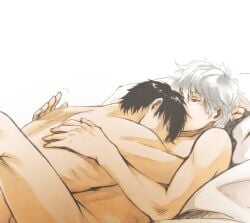 2boys black_hair closed_eyes completely_nude embrace gay gintama gintoki_sakata hijikata_toshiro implied_sex lying_on_person male male_only nude on_back on_bed violetcoral white_hair yaoi