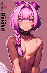 abs absurd_res ai_generated astolfo_(fate) beige_background beige_skin blush blush braided_hair close-up closed_mouth collar collarbone color colored cute darabri detailed fate_(series) femboy feminine_male fit flat_chest girly gradient_background hair_ribbon happy hi_res logo long_hair looking_at_viewer muscular navel nipples otoko_no_ko outlines patreon patreon_logo pink_eyes pink_hair pov pov_eye_contact purple_eyes shaded simple_background single_braid sitting smile solo solo_focus toned topless trap upper_body