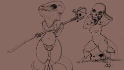 16:9 anthro bone breasts duo female genitals hi_res holding_object holding_staff kobold looking_at_viewer mask meandraco nipples non-mammal_breasts pussy reptile scalie simple_background skull skull_mask small_breasts staff thick_thighs tribal widescreen