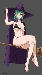 1girls bra broom dungeon_ni_deai_wo_motomeru_no_wa_machigatteiru_darou_ka elf elf_ears feet female female_only green_eyes green_hair grey_background oslight riveria_ljos_alf solo thong witch_hat