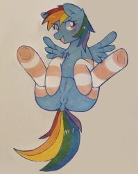 absurd_res batzxd blue_body blue_feathers blue_fur clothing equid equine feathers female friendship_is_magic fur genitals hasbro hi_res horse legwear mammal my_little_pony pony pussy rainbow_dash_(mlp) solo thigh_highs traditional_media_(artwork) wings