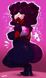 1girls afro alternate_version_available ass back back_view big_ass big_breasts big_lips black_hair breasts bubble_ass bubble_butt clothing dat_ass eyewear female female_only footwear garnet_(steven_universe) hair heels high_heels huge_ass jonymascara lips plump_lips smile solo solo_female steven_universe thick_lips thighs