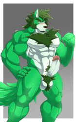 10:16 abs anthro balls canid canine canis eyebrows fur genitals green_body green_fur hair hi_res humanoid_genitalia humanoid_penis male male_only mammal muscular muscular_anthro penis pubes silvertain solo vein veiny_penis white_balls white_penis wolf yellow_eyes