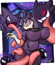 big_breasts big_nipples clothed clothing gastly gengar ghost ghost_hands haunter helena_(pokémon) hex_maniac patatero69 pokemon pokemon_(species) pokephilia tongue tongue_out