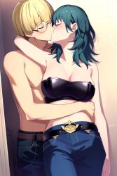 1girls ai_generated belt black_pants black_strapless byleth_(fire_emblem) byleth_(fire_emblem)_(female) fire_emblem fire_emblem:_three_houses highres hug_from_behind ignatz_victor kissing latex nai_diffusion nintendo stable_diffusion strapless strapless_bra