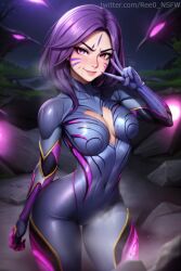 absurd_res absurdres ai_generated blue_bodysuit bodysuit breasts cleavage cleavage_cutout clothing_cutout covered_navel facial_mark female hi_res highres impossible_bodysuit kai'sa league_of_legends league_of_legends:_wild_rift looking_at_viewer medium_breasts outdoors patreon_username pink_eyes purple_eyes purple_hair ree0 riot_games shiny skin_tight smile solo standing v v_over_eye