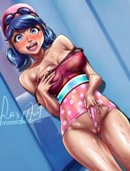 1girls 2d blue_eyes blue_hair breasts female female_only foxyart high_resolution horny marinette_cheng marinette_dupain-cheng masturbation miraculous_ladybug pool solo swimsuit