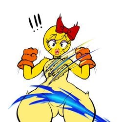 1girls attack beauty_mark bodysuit bowtie curvy female ghost kloseddoors lipstick low-angle_view mole ms._pac-man orange_gloves pac-man_(series) pov ripped_clothing ripping_clothing standing surprised thick_thighs thighs wide_hips yellow_skin