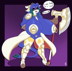 absurd_res animal_humanoid anthro appelknekten areola armor axe big_breasts blue_body bovid bovid_humanoid bovine bovine_humanoid breasts cetacean clothing cosplay cow_ears european_mythology fake_horns fan_character female generation_3_pokemon greek_mythology grey_eyes hair hi_res huge_breasts humanoid hyper hyper_breasts kyogre legendary_pokemon mammal mammal_humanoid marine minotaur monster_musume_td mythology nintendo nipples pasties pauldron pokemon pokemon_(species) ring seafruit silva_(minotaur_girl) simple_background solo tail unconvincing_armor