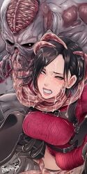 1monster ada_wong asian asian_female belly_bulge biohazard black_hair breasts butcha-u capcom female highres large_breasts monster pesanta resident_evil resident_evil_4 resident_evil_4_remake separate_ways short_hair sweater sweater_dress tentacle thigh_boots thighhigh_boots u-3 u3