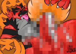 anthro bodily_fluids censored drooling drooling_tongue food food_fetish food_penetration food_play fruit generation_7_pokemon halloween heavily_censored hi_res holidays improvised_sex_toy incineroar jack-o'-lantern male male_only mosaic_censorship nintendo penetration plant pokemon pokemon_(species) pumpkin saliva shingoakuma solo sweat sweatdrop sweating_profusely