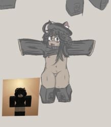 black_hair black_shoes black_sweater blocky_body bottomless cat_ears cat_girl cebzcity clothed/nude clothing eyewear female female_only flat_chest headwear pussy roblox roblox_avatar tagme