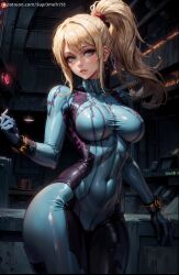 1girls ai_generated big_breasts blonde_hair blue_eyes bodysuit breasts clothing curvaceous curvy curvy_body curvy_female curvy_figure female female_only fit fit_female huge_breasts large_breasts looking_at_viewer mature mature_female mature_woman metroid milf nintendo ponytail samus_aran small_waist solo standing supr3metr wide_hips