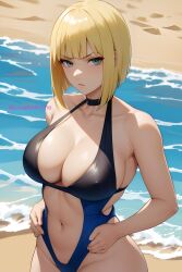 1girls ai_generated bare_chest bare_shoulders beach big_breasts blonde_hair blue_eyes blunt_bangs blush bob_cut breasts center_opening child_bearing_hips cleavage embarrassed erect_nipples erect_nipples_under_swimsuit hourglass_figure huge_breasts looking_at_viewer loveartanime mature mature_female mature_woman nai_diffusion narrowed_eyes naruto naruto_(series) naruto_shippuden nipples one-piece_swimsuit oppai revealing_swimsuit samui sand seaside short_hair solo solo_focus stable_diffusion swimsuit upper_body url voluptuous voluptuous_female water watermark web_address wide_hips