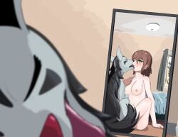 1girls breasts brown_hair duo female_pov feral free_ipad_click_here french_kiss french_kissing green_eyes human kissing looking_at_mirror mightyena mirror nipples panties pokemon pokemon_(species) pokephilia pov pov_kiss quadruped sitting topless underwear x-ray zoophilia