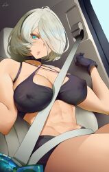 1girls abs absurdres android araneesama big_breasts blue_eyes breasts female hair_over_one_eye light-skinned_female light_skin nier nier:_automata short_hair thick_thighs white_hair yorha_2b