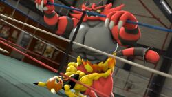 1boy 1futa 3d anthro boxing_ring cosplay_pikachu futanari incineroar male male_on_futa muscular muscular_male nackey pikachu pikachu_libre pokemon pokemon_(species)