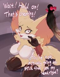 absurd_res anthro breasts byme censored delphox dialogue english_text female generation_6_pokemon genitals hi_res imminent_rape imminent_sex male nervous nintendo penis pokemon pokemon_(species) red_eyes scared shaking shivering text