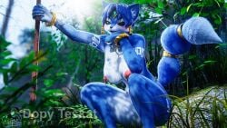 1girls 3d 3d_(artwork) animal_ear_fluff anthro big_breasts blue_body blue_fur crouching dopyteskat female female_only fur furry jewelry krystal long_tail markings pink_nipples short_hair watermark