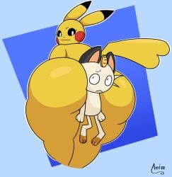 ass ass_focus between_buttocks big_ass big_butt butt head_between_ass huge_ass looking_back meowth pikachu pokemon thick_thighs wide_hips yellow_body