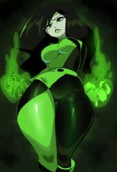 black_hair bodysuit disney disney_channel green_energy green_eyes green_lipstick kim_possible lightsource shego