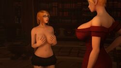 3d big_breasts blonde_hair blood_elf blood_elf_female covering_breasts glasses human human_female kaelatheelf kaelscorner library topless_female warcraft world_of_warcraft