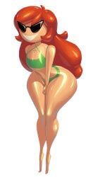 1girls bikini disney female flat_chest knick_knack large_hips long_hair noonun pixar red_hair smiling sunglasses sunnification sunny_persona swimsuit thin_waist wide_hips