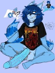 3:4 anthro azura_(aimpunch) balls bedroom_eyes big_balls big_penis blue_background blue_body blue_fur blue_hair bottomless bottomless_anthro bottomless_male clothed clothing collar ear_piercing ear_ring erection fur gat0pussy24 genitals girly hair half-closed_eyes huge_balls huge_cock humanoid_genitalia humanoid_penis male male_only mammal narrowed_eyes penis piercing procyonid raccoon ring ring_piercing seductive shirt simple_background smile smirk smug smug_face smug_grin solo t-shirt topwear vein veiny_penis