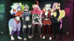 3d 3d_(artwork) 3d_artwork 3d_model anthro breasts clothing crossover dress eyeshadow five_nights_at_freddy's five_nights_at_freddy's:_security_breach fluttergoth fluttershy_(mlp) fnaf friendship_is_magic goat_lucifer_(helltaker) hand_on_hip helltaker helluva_boss kevhon lipstick looking_at_viewer loona_(helluva_boss) metal_band my_little_pony nail_polish roxanne_wolf_(fnaf) roxanne_wolf_(shadsterwolf) scottgames shadsterwolf shirt sign_of_the_horns skirt smile source_filmmaker steel_wool_studios stockings succubus tongue verosika_mayday_(helluva_boss)