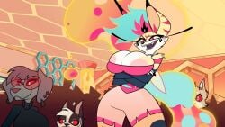 4_arms accurate_art_style anthro areolae areolae_peeking areolae_slip big_breasts big_butt bottom_heavy breasts candid canid canid_demon canid_humanoid canine canine_humanoid cleavage cleavage_cutout curvy curvy_body curvy_female curvy_figure curvy_hips curvy_thighs demon demon_girl demon_humanoid eye_markings eyelashes female flowing_hair fox fox_humanoid helluva_boss hourglass_figure huge_breasts insect_wings large_breasts long_hair male mrmelted multi_arm multi_limb multicolored_body multicolored_fur multicolored_hair pink_eyes queen_bee-lzebub_(helluva_boss) screenshot screenshot_edit smile smiling striped_fur thick_thighs three_tone_hair top_heavy two_tone_body two_tone_fur voluptuous voluptuous_female wide_hips yellow_body yellow_fur yellow_sclera