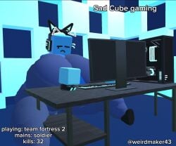 anthro big_ass big_breasts black_eyes black_mouth blue_background blue_body blue_clothing blue_hands blue_onesie breasts bubble_ass bubble_butt cat_headphones cube female female_only gaming glowing just_shapes_and_beats keyboard meme monitor mouse no_arms rec_room recroom sad_cube soldier_(team_fortress_2) team_fortress_2 valve weirdmaker43