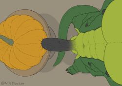 1boy 2022 anthro balls barazoku big_balls big_penis erection fucking_pumpkin gay green_body green_skin halloween hi_res highres holidays humanoid_genitalia humanoid_penis jack-o'-lantern jack_o'_lantern male male_focus male_nipples male_only manly muscular_anthro nilemonitor nipples penis pumpkin pumpkin_masturbation reptile solo solo_male