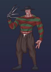 1boy 2022 a_nightmare_on_elm_street bara barazoku big_bulge bulge clothing erection_under_clothes freddy_krueger gay hi_res highres huge_bulge male male_focus male_only manly mirovbent muscular_male penis penis_outline solo solo_male