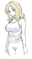 1girls bad_id bad_twitter_id blonde_hair bottomless breasts female female_pubic_hair girls_und_panzer green_eyes kay_(girls_und_panzer) kuppipi_ramutarou large_breasts looking_at_viewer nipple_bulge partially_clothed pubic_hair sketch smile solo tank_top