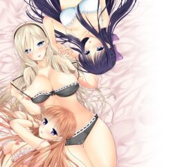 3girls bare_shoulders black_bra blonde_hair blue_eyes blue_hair blush bow bra breasts cameltoe celia_cumani_aintree celia_kumani_entory cleavage collarbone double_bun drill_hair fingernails frilled_bra frills hair_bun hair_over_one_eye hair_spread_out hairband hairbow hand_in_own_hair highres holding_hands huge_breasts lace lace-trimmed_bra lace-trimmed_panties lace_trim large_breasts long_hair looking_at_viewer multiple_girls naughty_face navel nipples noel_maresse_ascot noel_marres_ascot on_bed open_bra open_clothes open_mouth orange_hair panties parted_bangs parted_lips pink_bra puffy_nipples purple_eyes roku_(345) ryuuzouji_akane smile strap_pull strap_slip tongue tongue_out underwear underwear_only very_long_hair walkure_romanze white_bra