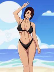 attack_on_titan beach big_ass big_breasts big_butt bikini brown_hair curvy female female_only ocean peace_sign safe_for_work sasha_braus sfw shingeki_no_kyojin summer underboob yellow_eyes